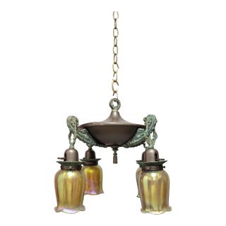 Antique Restored Art Nouveau 4-Light Chandelier With Iridescent Glass Shades For Sale
