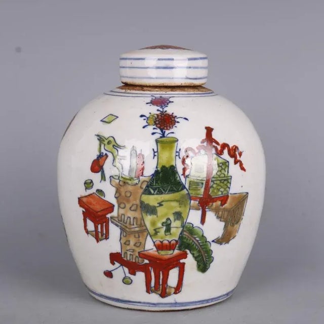 Green Chinese Vintage Ceramic Pot,Famille Verte Porcelain Tea Jar Hand Painted Flowers Pattern For Sale - Image 8 of 10
