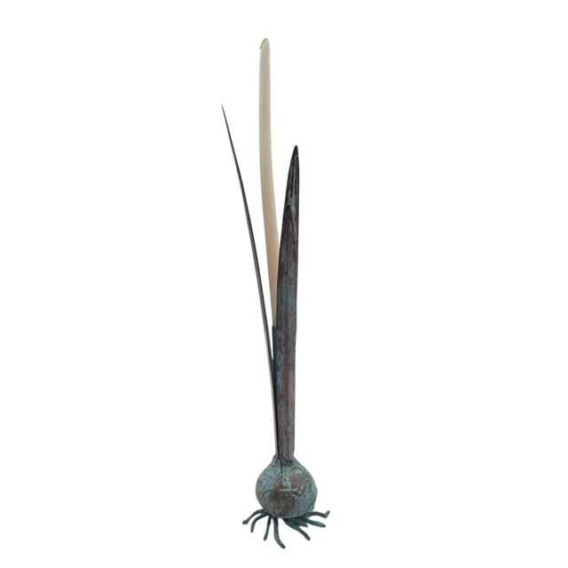 Vintage Verdigris Cattail Candleholders, Copper Bronze Metal, Pair, 13" For Sale In San Francisco - Image 6 of 13