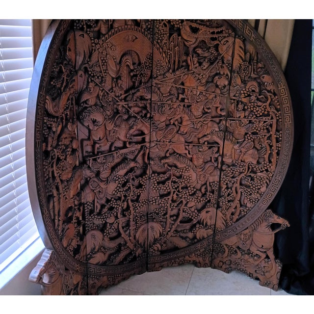1930s 1930s Chinese Ornate Large Round Carved Teak Wood Equestrian Screen Divider For Sale - Image 5 of 18