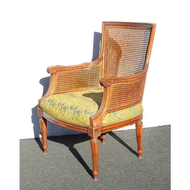 Pair of Vintage French Louis XVI Cane Bergere Green Arm Chairs For Sale - Image 4 of 12