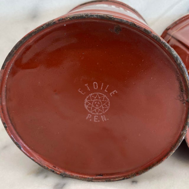 Set of Five French Reddish Brown Enamel Kitchen Canisters With Original Lids For Sale - Image 14 of 18