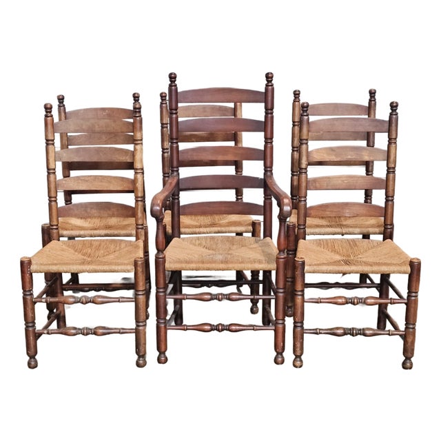 Set of 6 Antique New England Ladderback Style Dining Chairs With Rush Seats For Sale