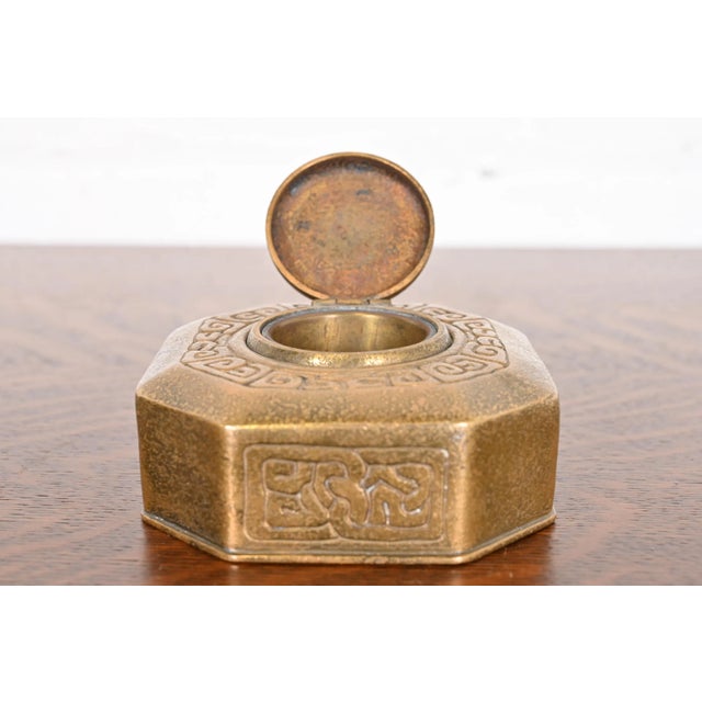 Metal Tiffany Studios New York Zodiac Bronze Doré Inkwell For Sale - Image 7 of 12
