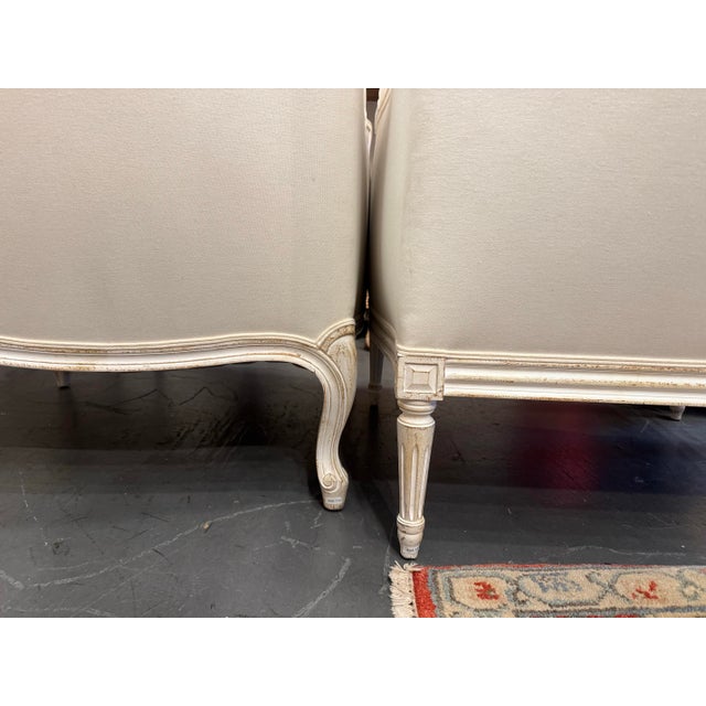 Vintage French Louis XVI Wingback Linen Mr and Mrs Chair For Sale In Boston - Image 6 of 7