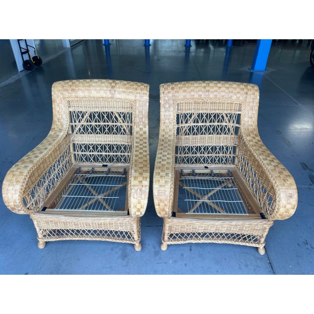 Vintage Henry Link for Lexington Woven Rattan and Wicker Lounge Armchairs With Floral Upholstery | Pair For Sale - Image 12 of 14