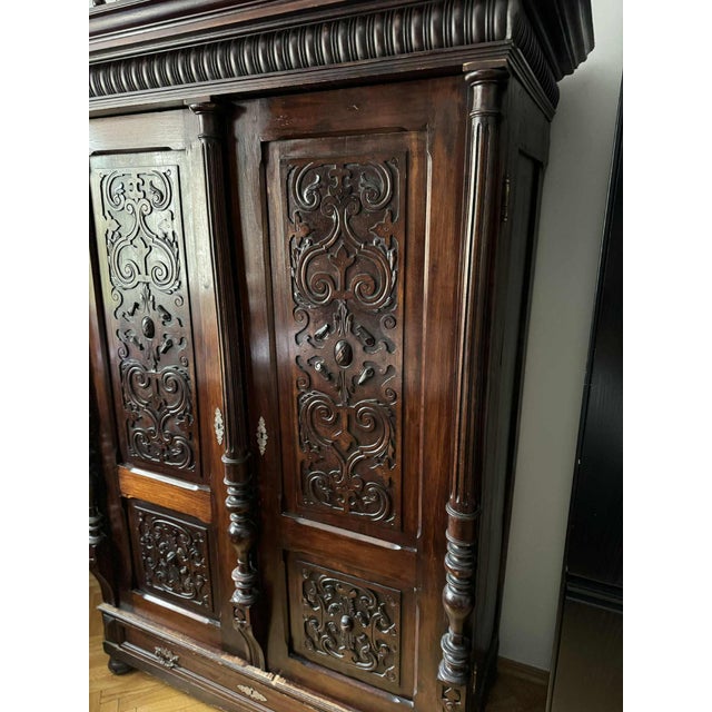 Antique Style Baroque Revival Carved Oak Wardrobe For Sale - Image 4 of 7