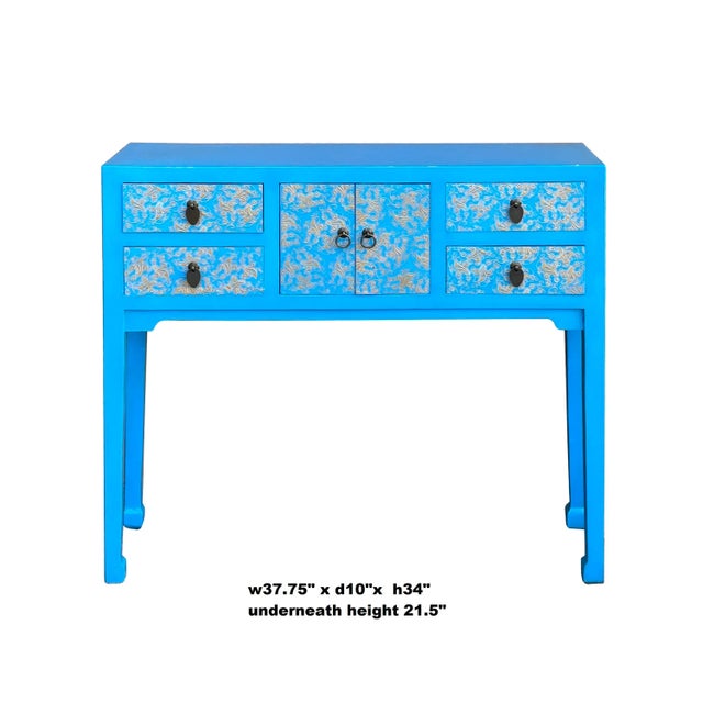 This is a simple bright blue lacquer #00AFFF with golden color floral pattern graphic console side table with a straight-...