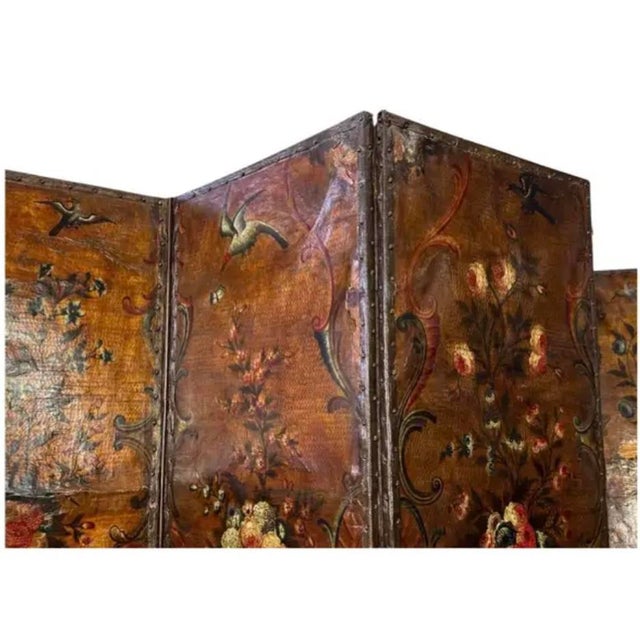 Large Five Panel Dutch Leather Chinoiserie Screen For Sale - Image 4 of 12