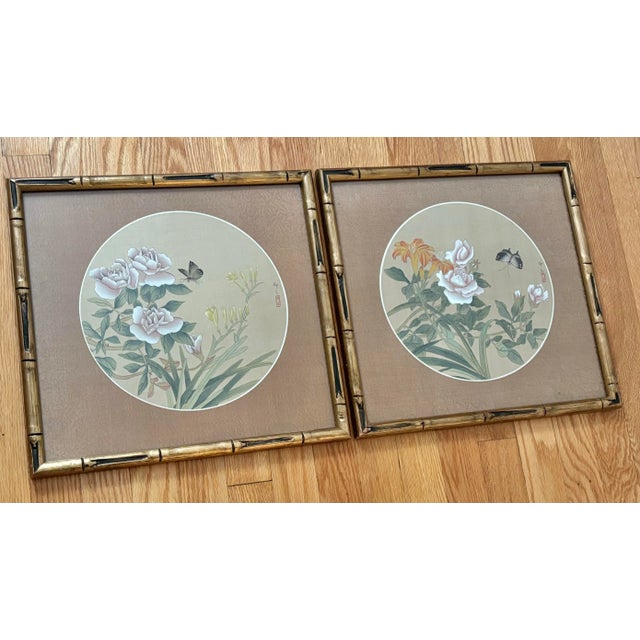 Vintage Framed Asian Botanic and Butterfly Original Gouache Watercolor Paintings, a Pair For Sale - Image 4 of 9