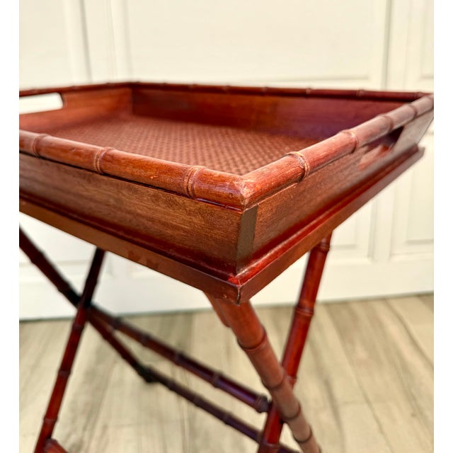 Wood Vintage Faux Bamboo Folding Butler's Tray Table With Woven Cane Tray For Sale - Image 7 of 14