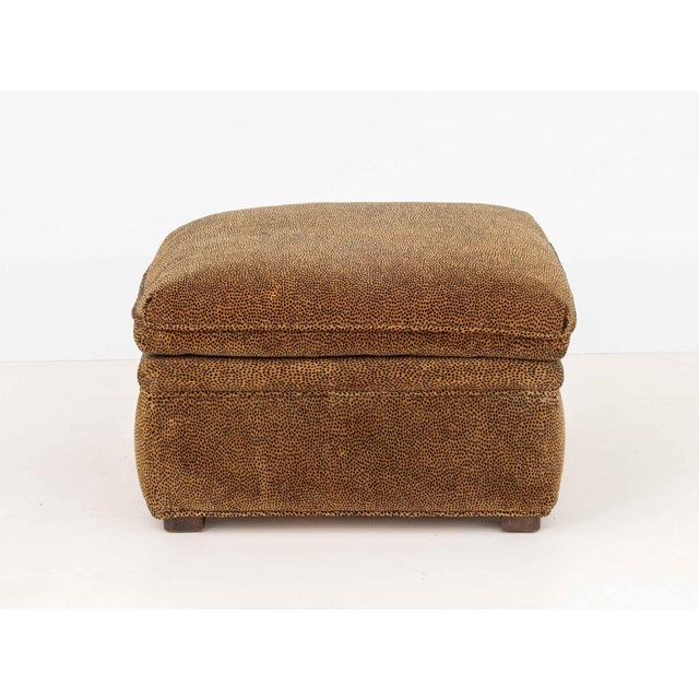 Cheetah Print Upholstered Ottoman. 17" H x 25" W x 25" D. Provenance: From an Upper East Side Collection.