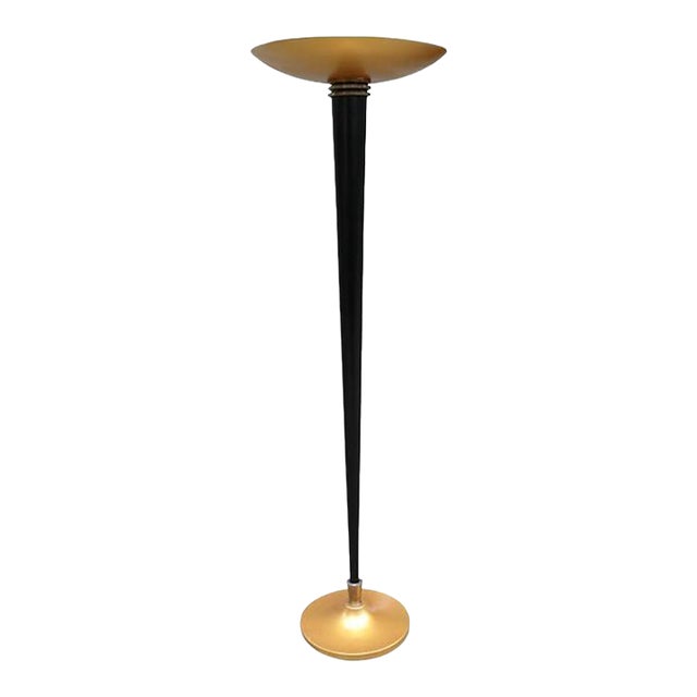 French Art Deco Black & Gold Floor Lamp Torchiere , 1930's For Sale