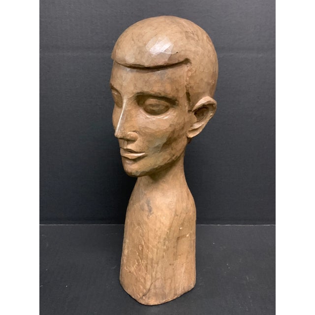 Vintage Late 20th Century Carved Wood Paper Mache Male Bust Sculpture For Sale In New York - Image 6 of 9
