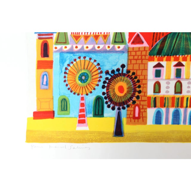 Rendered in bright hues of yellow, orange, red, blue, and green, the brightly-colored scene features several birds in the...