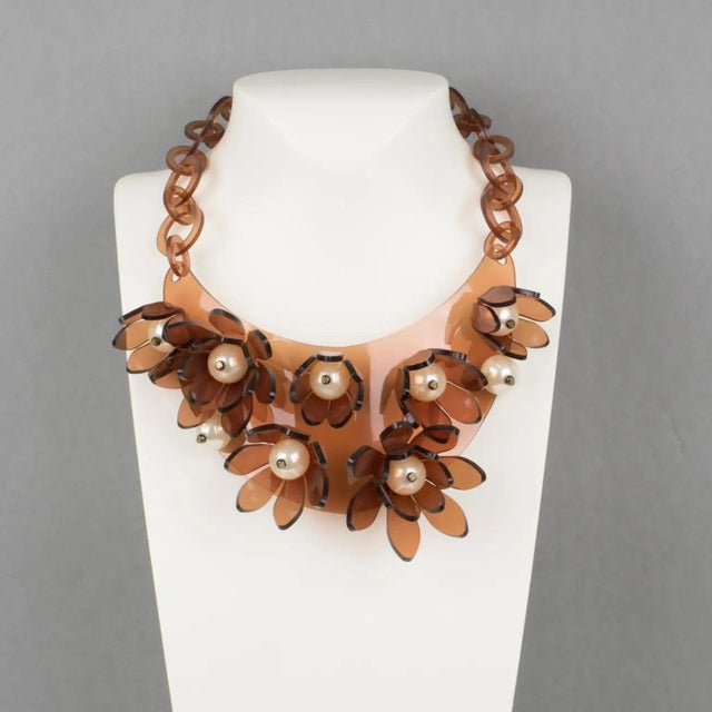 Contemporary Italian Design Copper Acrylic Bib Necklace Flowers and Pearls For Sale - Image 3 of 13