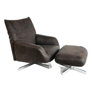 Edra Chiara Model Ottoman, Lounge Chair With Chrome Bases, Supple Leather, Setof 2 For Sale