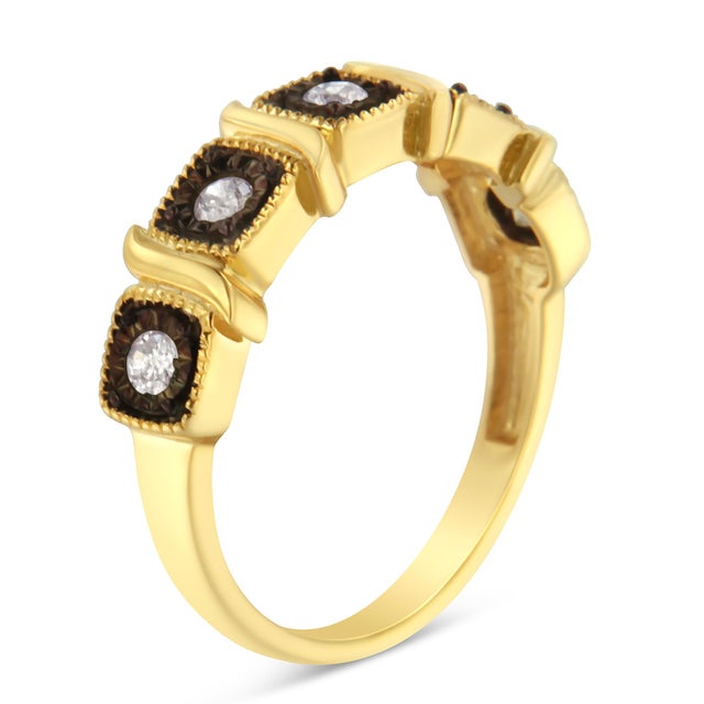 Haus of Brilliance 10K Yellow Gold Flashed .925 Sterling Silver Miracle-Set Diamond 5-Stone Ring Band (1/4 Cttw, J-K Color, I2-I3 Clarity) - Size 6 For Sale - Image 4 of 6