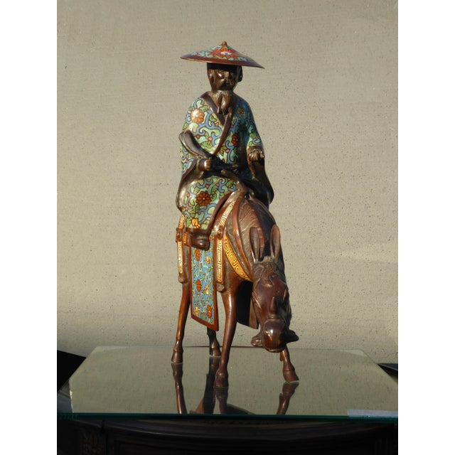 1960s Vintage Asian Bronze Cloisonne Man on a Mule Statue Figuerine For Sale - Image 5 of 12