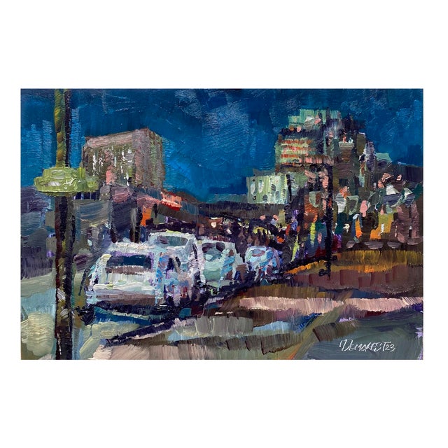 31st and Larimer Nocturne by Delton Demarest | Oil on panel Night scene with cars and buildings. For Sale