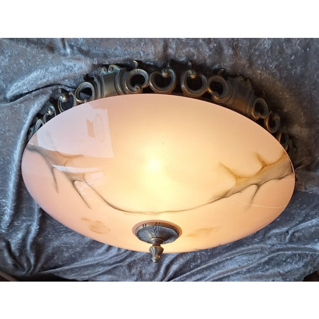 Vintage Ceiling Lamp with Patinated Metal Mounting and Pink Marbled Glass Shade by Honsel, 1990s For Sale - Image 11 of 11