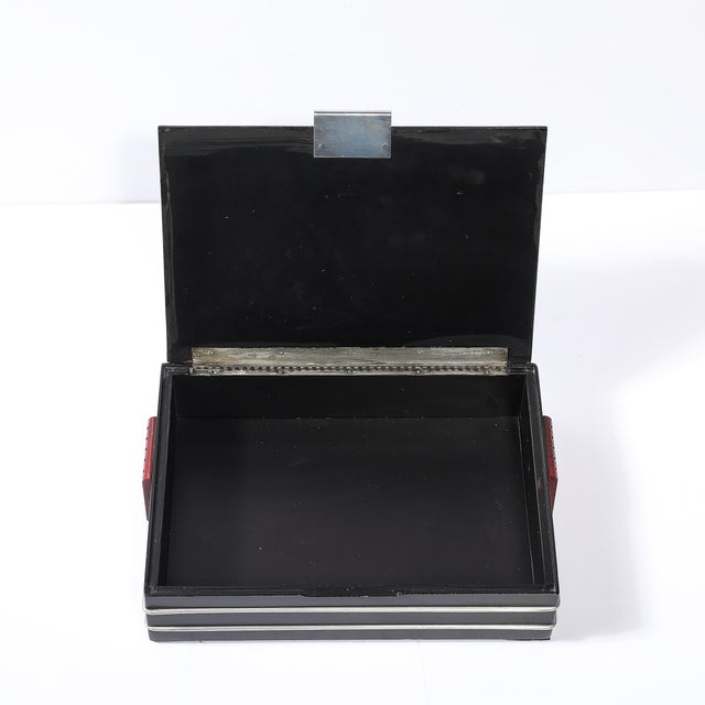 Art Deco Machine Age Aluminum Silvered Crest Lacquered Box W/ Bakelite Handles For Sale - Image 11 of 12