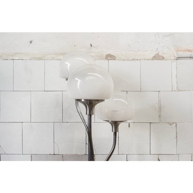 Three-light floor lamp with chromed metal frame, shaded glass lampshades. Made in Italy 1970s European Plug (up to...