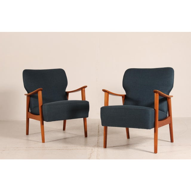 Danish Easy Chairs in Beech and Blue Fabric by Fritz Hansen, 1950-1960, Set of 2 For Sale - Image 15 of 15