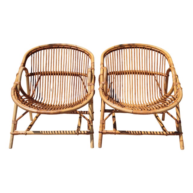 Set of Rattan Armchairs by Audoux-Minet, 1950 For Sale