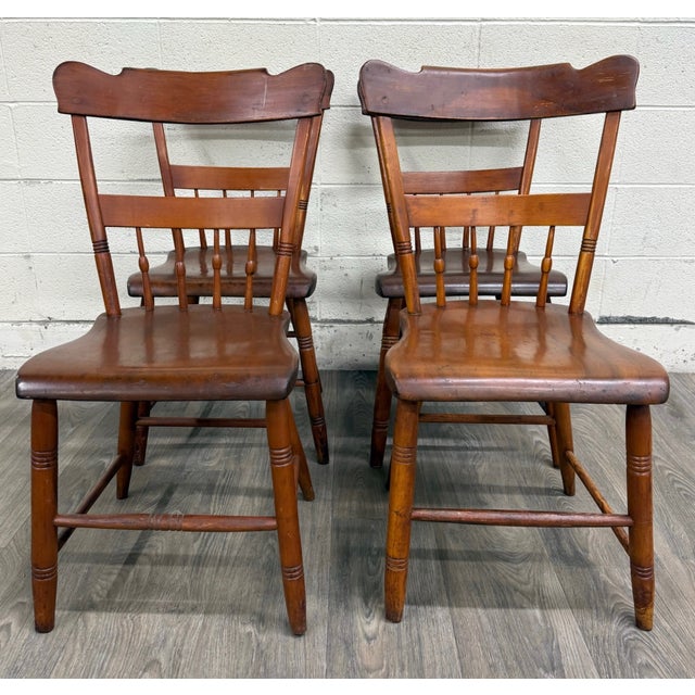 Wood Antique American Country Farmhouse Plank Seat Dining Chairs - Set of 4 For Sale - Image 7 of 10