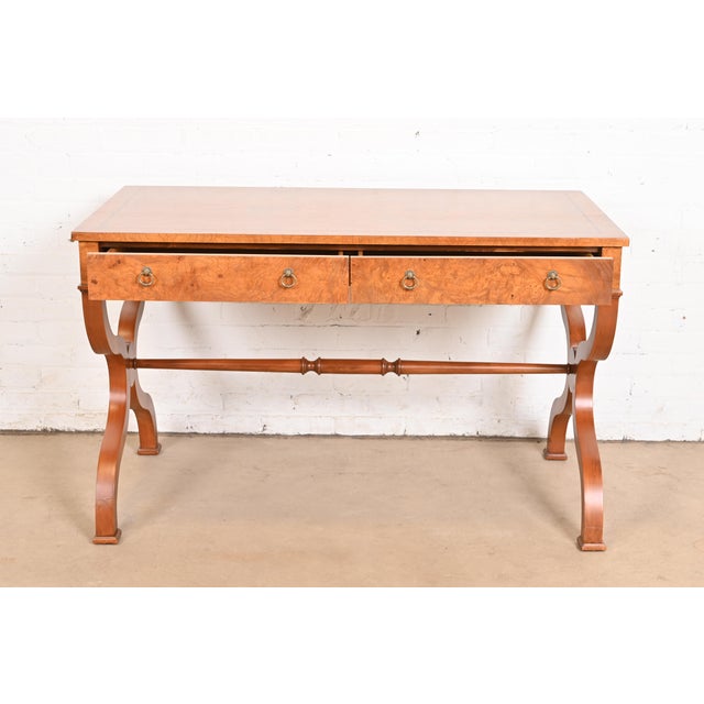 1980s Baker Furniture Regency Burl Wood Writing Desk or Library Table, Newly Refinished For Sale - Image 5 of 12