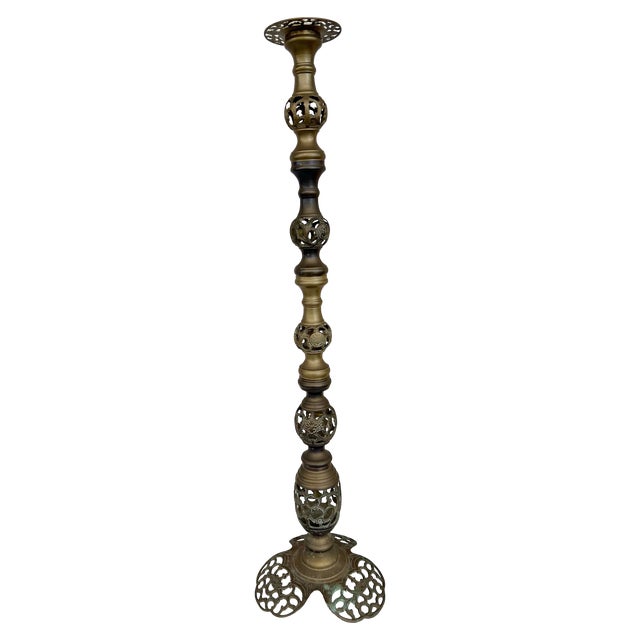 1970s Solid Brass Openwork Floor Pricket Candlestick For Sale