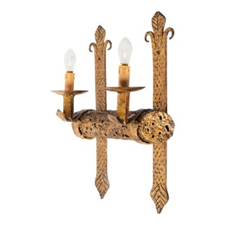 1960s Mid-Century Modern Spanish Brutalist Gilt Iron Wall Sconce, Pierced Torch Candle Light For Sale