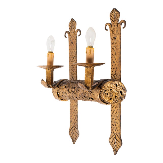 1960s Mid-Century Modern Spanish Brutalist Gilt Iron Wall Sconce, Pierced Torch Candle Light For Sale