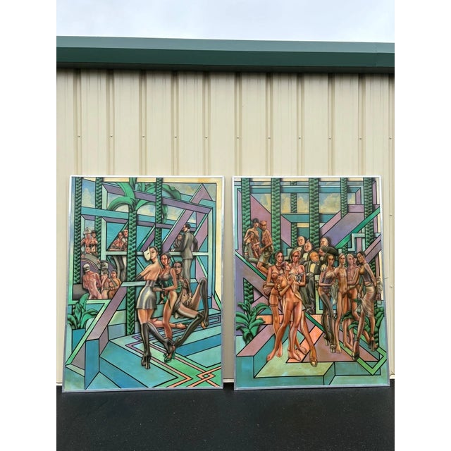 Wood Pair of Monumental Figurative Surrealist Paintings, Signed “John h.h.” 1974 For Sale - Image 7 of 12