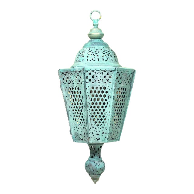 Antique Moroccan Verdigris Copper Lantern – Hand-Pierced Openwork For Sale