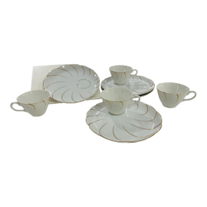 Unusual Tea Set With Dessert Plates - 8 Pieces - Vintage White Porcelain With Gold Spiral