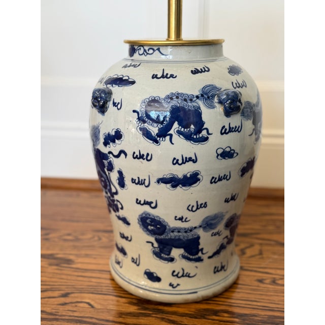 Chinoiserie Hand Painted Ceramic Ginger Jar Lamp With Blue Dragons For Sale - Image 4 of 5