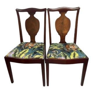 Late 20th Century Elegant Antique-Style Side Chairs With Tropical Upholstery (Pair) For Sale