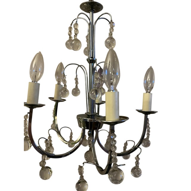 Transitional Designer 5 Light Polished Nickel Chandelier With Glass Orb Drops For Sale - Image 3 of 4