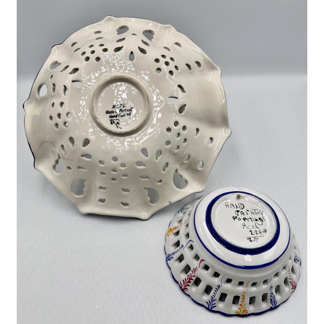 1970s RCCL Ceramic Hand Painted Floral Fruit Basket Braided Handle & Bowl Set Portugal For Sale - Image 5 of 8