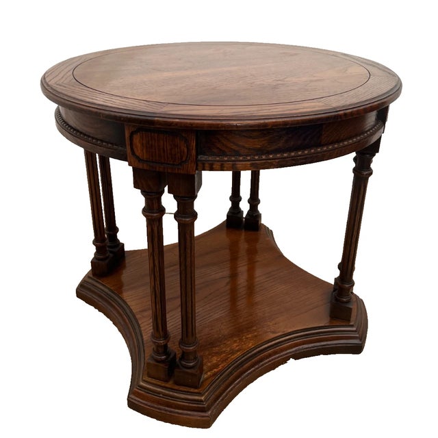 1980s Vintage Round Side Table With Bottom Shelf Double Column Legs Solid Oak For Sale - Image 5 of 12