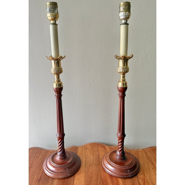 1990s Wood and Brass Pillar Candlestick Lamp Pair With Pleated Shades For Sale - Image 11 of 13