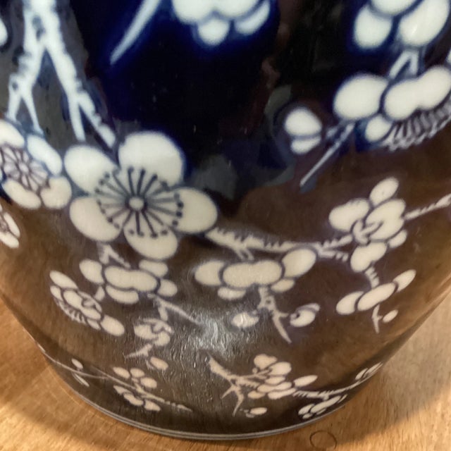 Vintage Asian Chinese Blue and White Porcelain Hawthorn Vase Sakura Motifs Glazed Handmade Hand Painted For Sale In Chicago - Image 6 of 13