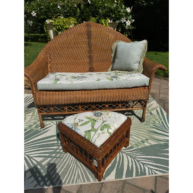 Rare Vintage Professionally Restored Wicker Rattan Cathedral Back Settee W Ottoman Brand New Upholstered Cushion and Accent Pillow Designer Fabrics For Sale In Washington DC - Image 6 of 10