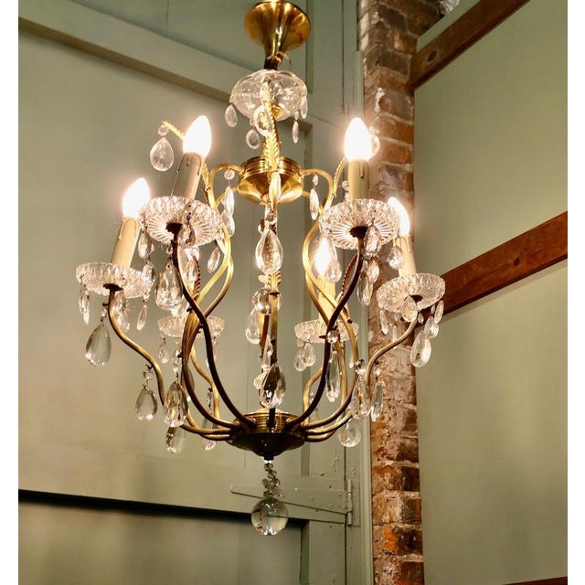 Vintage French Crystal and Brass Chandelier, 1950 For Sale - Image 3 of 8