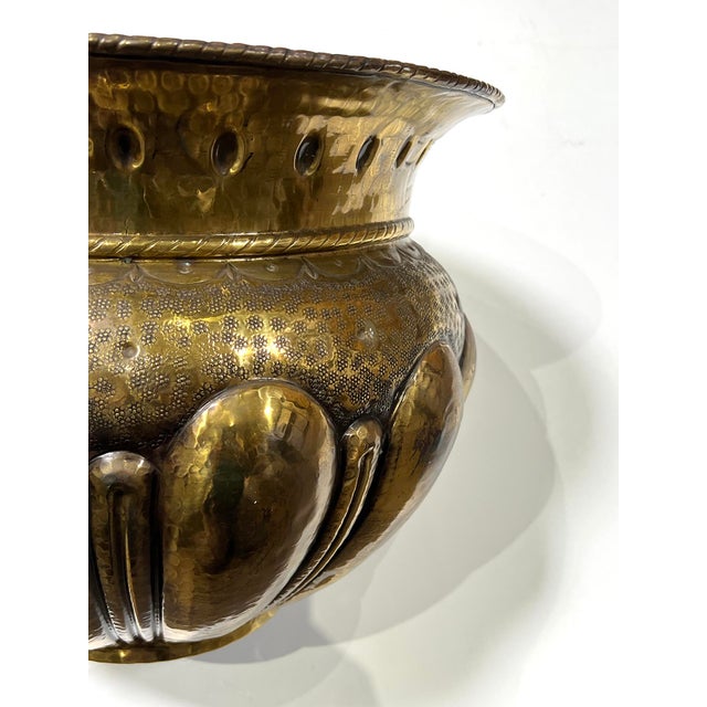 Large English Hand-Hammered Brass Repoussé Round Planter/Jardinière For Sale - Image 4 of 8