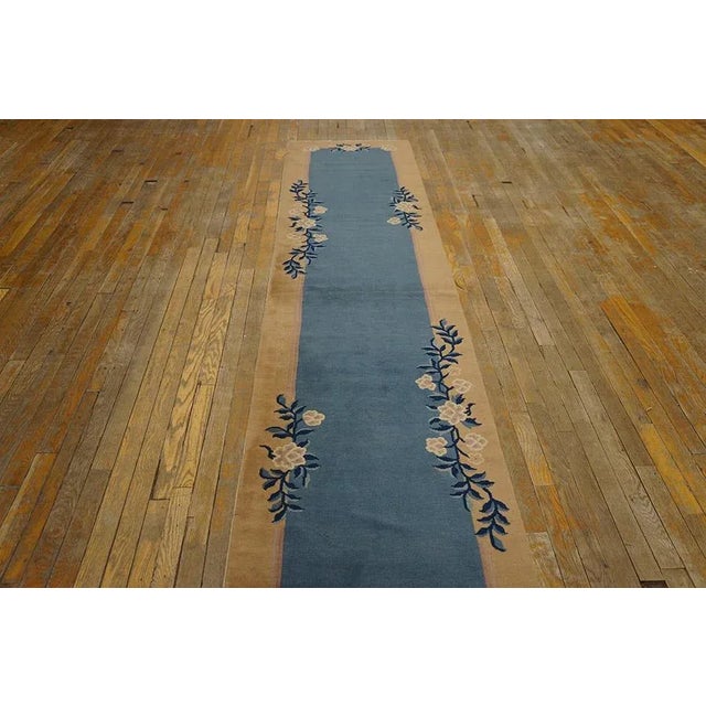 Blue Antique Open Field Floral Deco Runner Chinese Peking Carpet Rug For Sale - Image 4 of 9