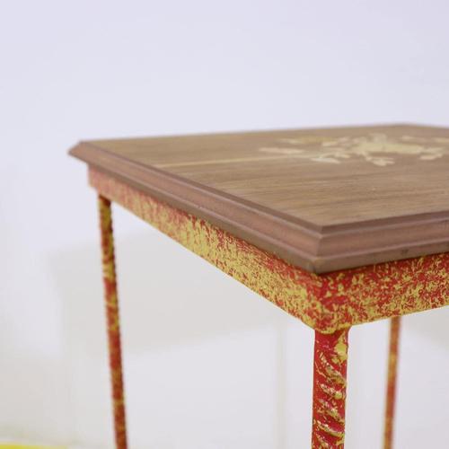 Wood Red Lacquered Iron Plant Stand Table with Decorated Wooden Top For Sale - Image 7 of 8
