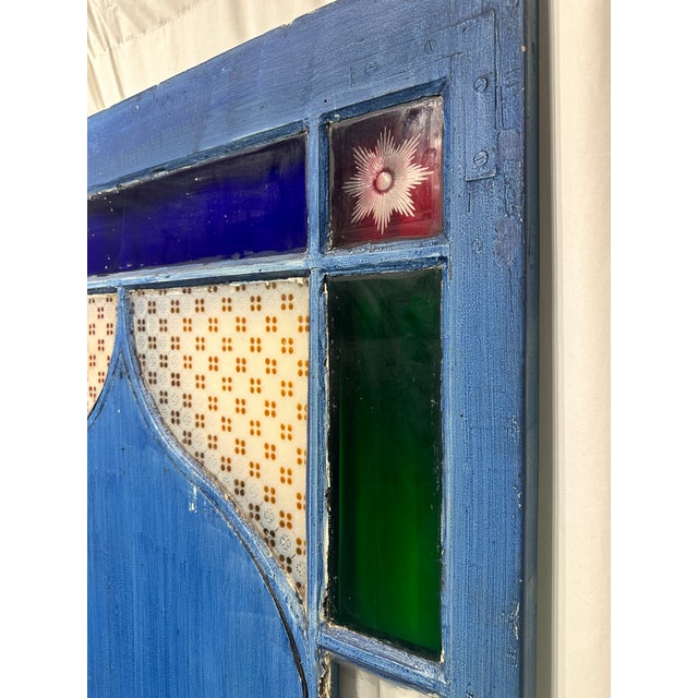 Antique Late 19th Century Blue Painted Moorish Style Stained Glass Door With Hand-Painted Landscape Panel For Sale - Image 11 of 15